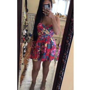 Strapless red floral printed dress